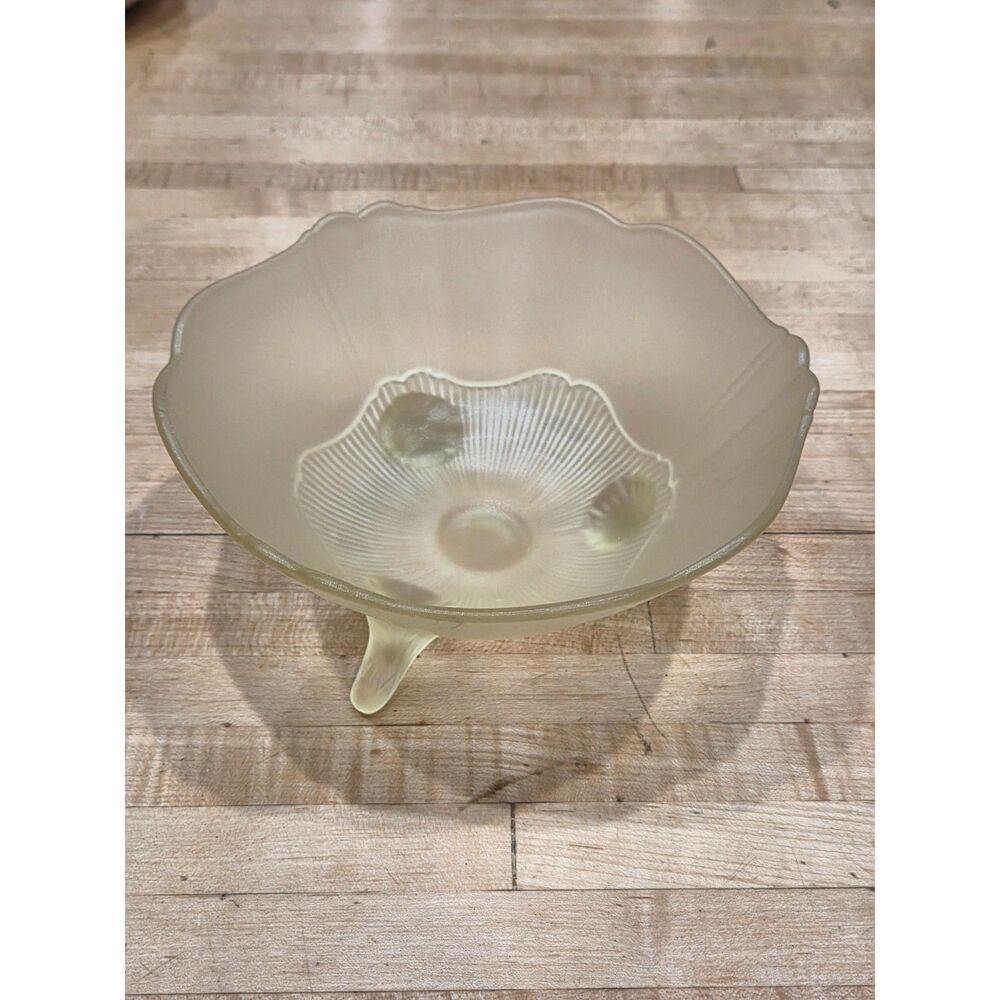 Vintage Art Deco Yellow Satin Glass Tri-Footed Bowl Fluted Shell Feet
